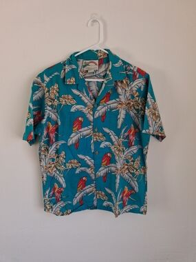 Vintage Paradise Found Hawaiian Button Down Shirt Teal Mens
